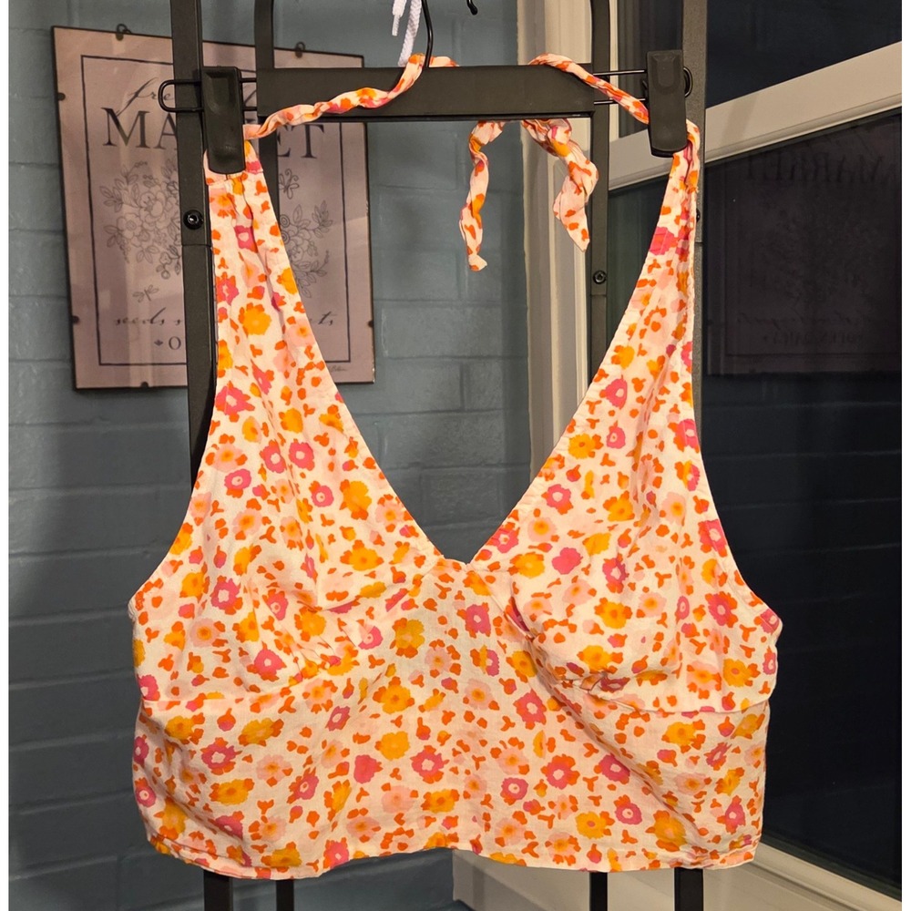 BP‎ Nordstrom Floral Halter Top Sweetheart Neckline Sleeveless Crop Top Size L